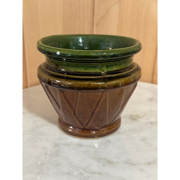 Antique Early McCoy Pottery Blended Brown Green V Design Jardiniere - Picture 2 of 9